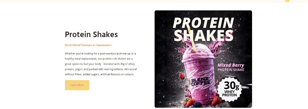 Older Blenz protein shakes page — full view